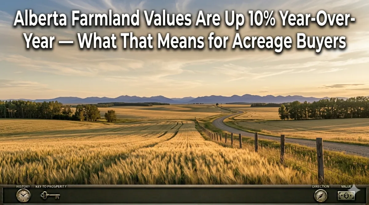 Alberta farmland and rolling foothills at golden hour, illustrating rising farmland and acreage values near Calgary.