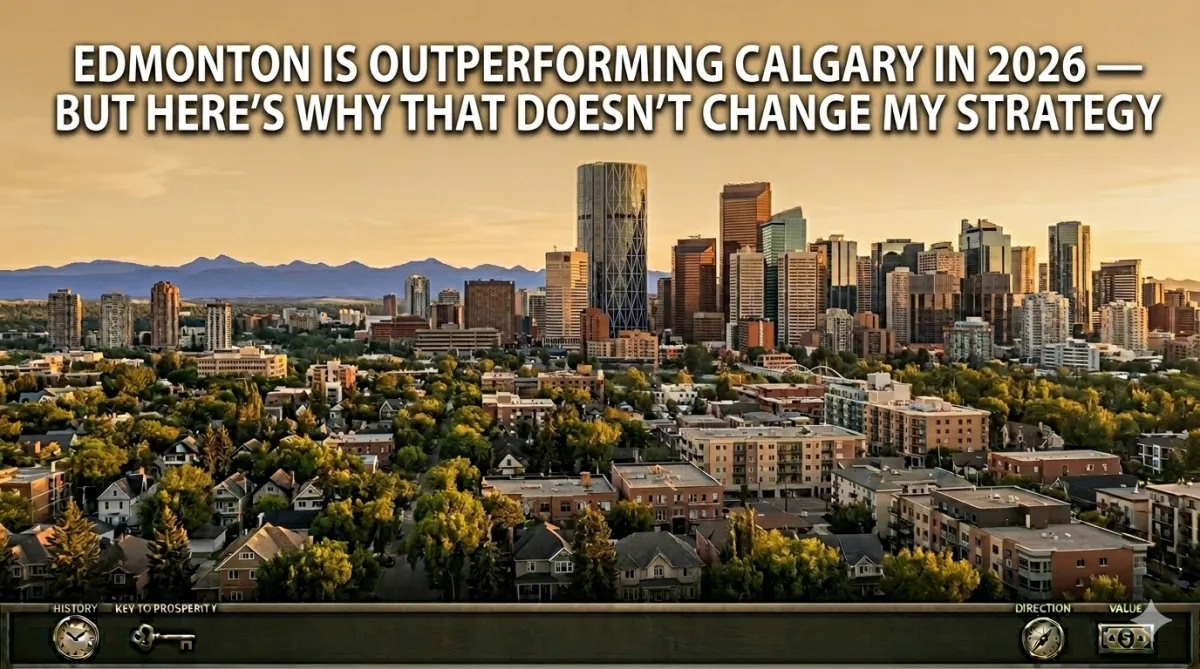 Calgary downtown skyline at golden hour with Rocky Mountains in the distance, illustrating Calgary's enduring fundamentals.