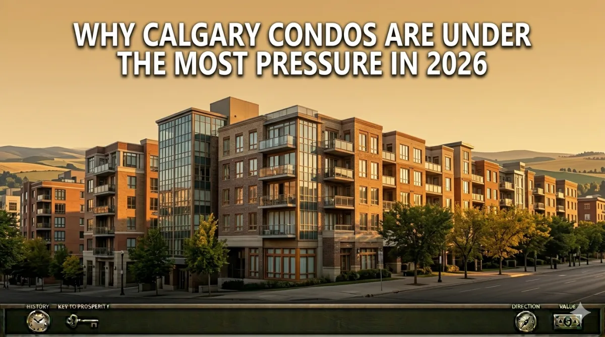 Calgary inner-city mid-rise condo buildings at golden hour, illustrating the condo segment under pressure in 2026.