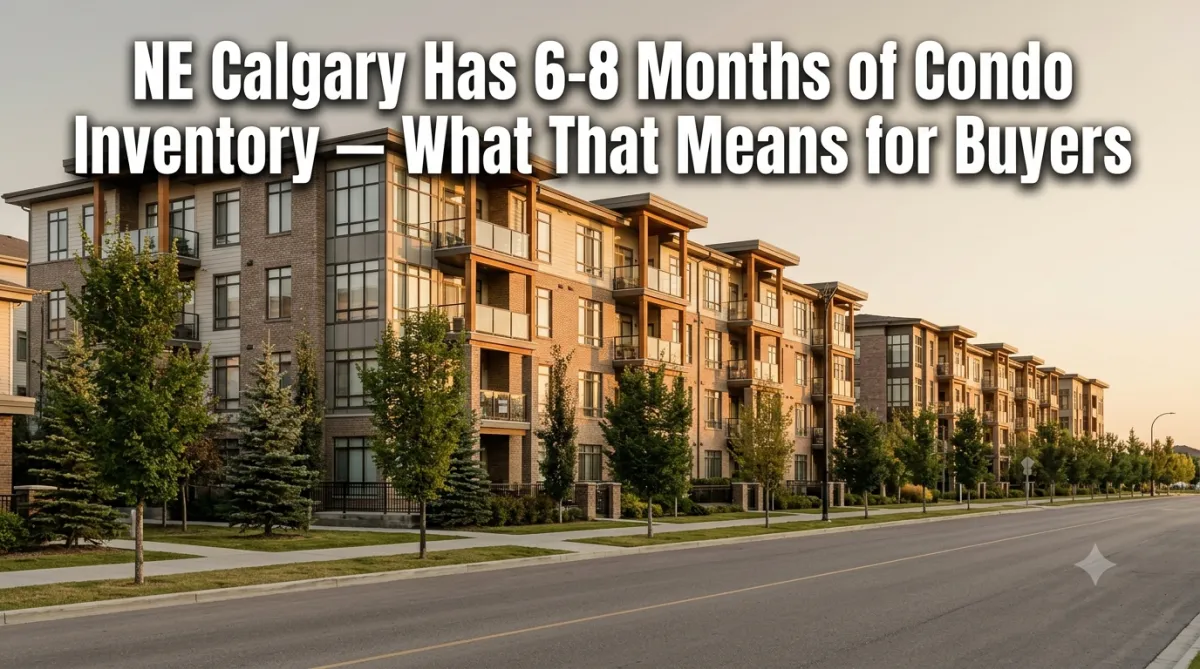 NE Calgary residential mid-rise condo street in Saddle Ridge area at golden hour, illustrating high condo inventory.