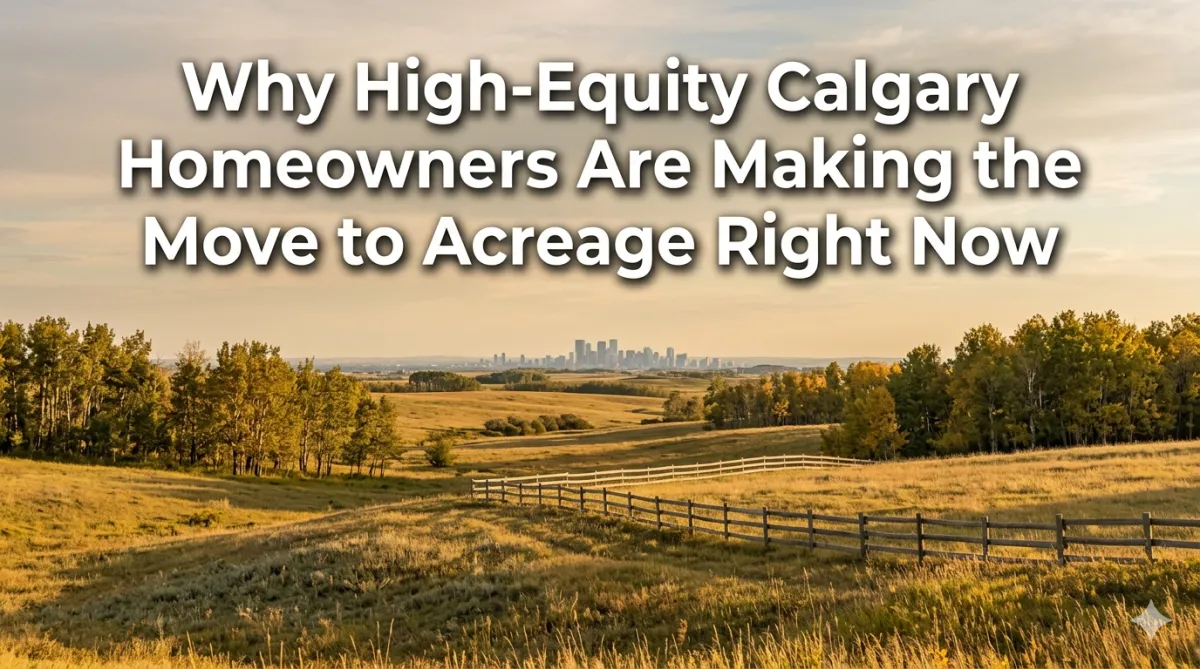 Rocky View acreage land at golden hour with Calgary skyline distant, illustrating the high-equity acreage move.