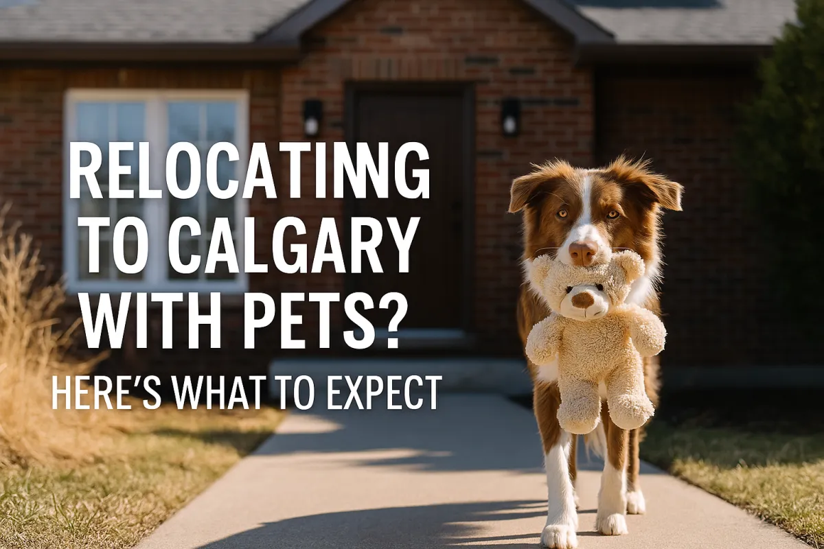 Pet owner with dog exploring a Calgary neighbourhood during a home relocation