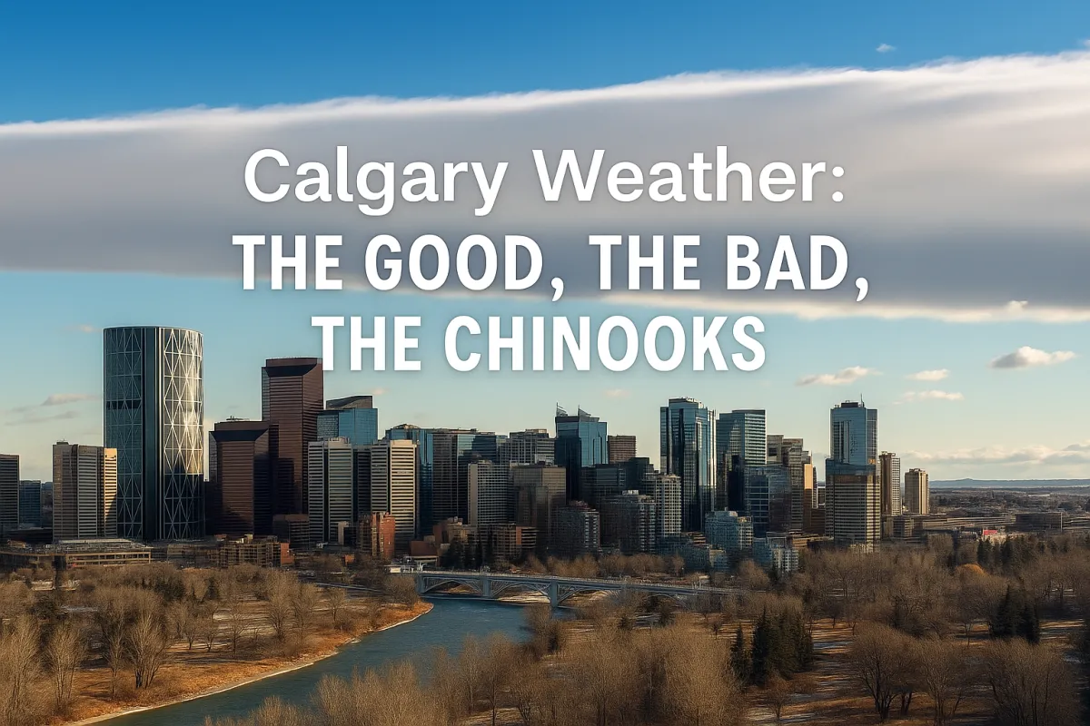 Calgary skyline under dramatic Alberta sky reflecting the city's varied weather and chinook winds