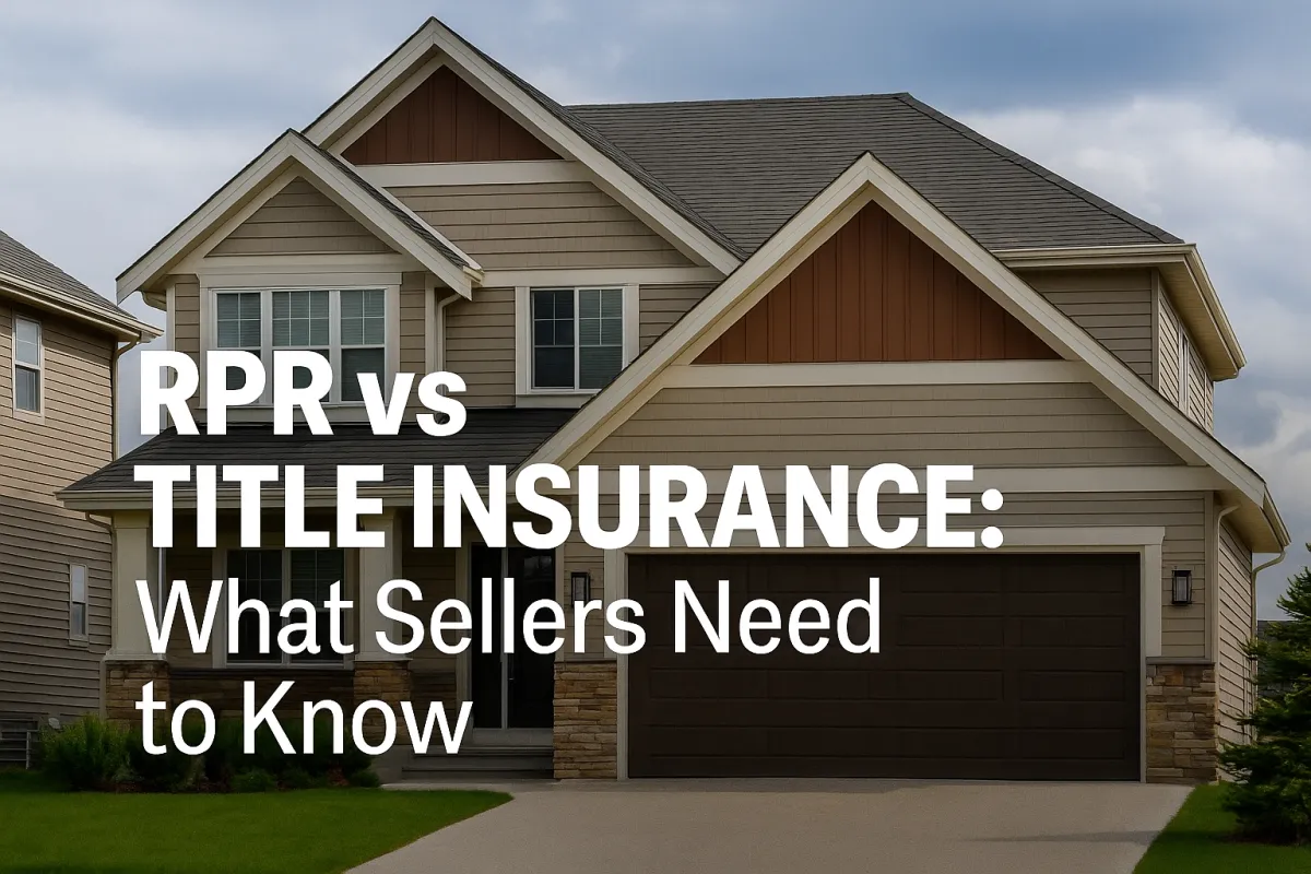 Calgary real estate seller reviewing RPR and title insurance documents with an agent