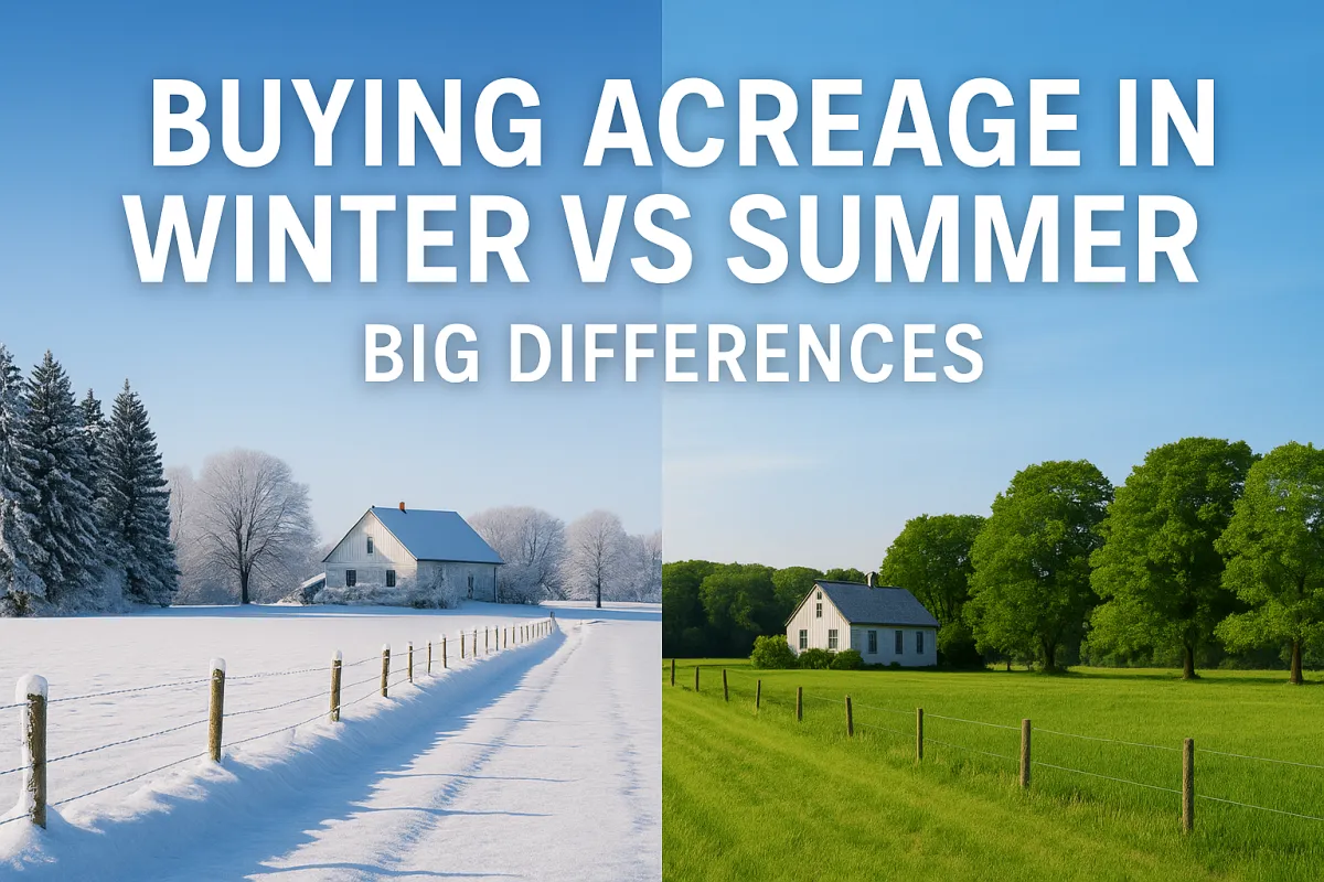 Alberta acreage property shown in contrasting winter and summer seasonal conditions