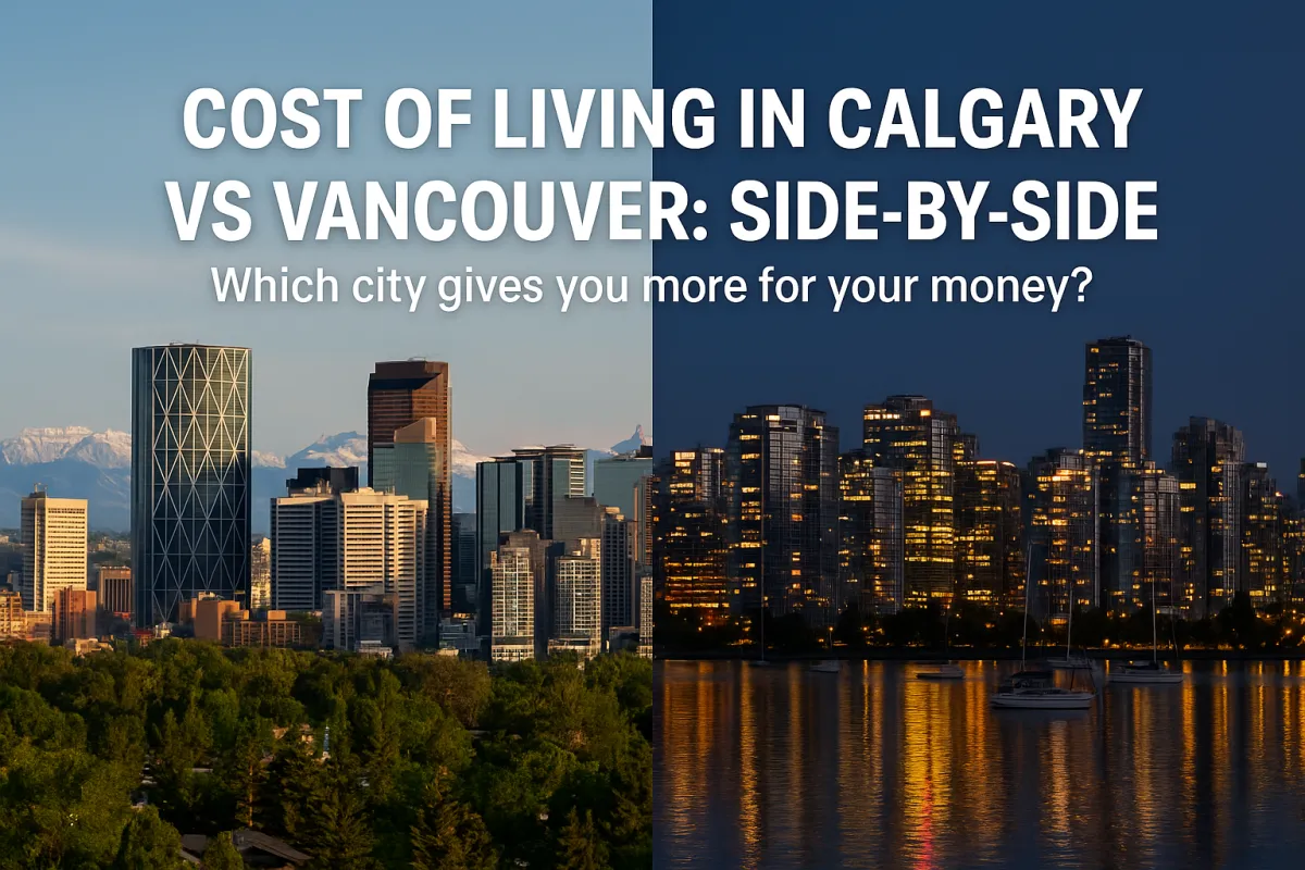 Side by side comparison of Calgary and Vancouver city living highlighting cost of living differences