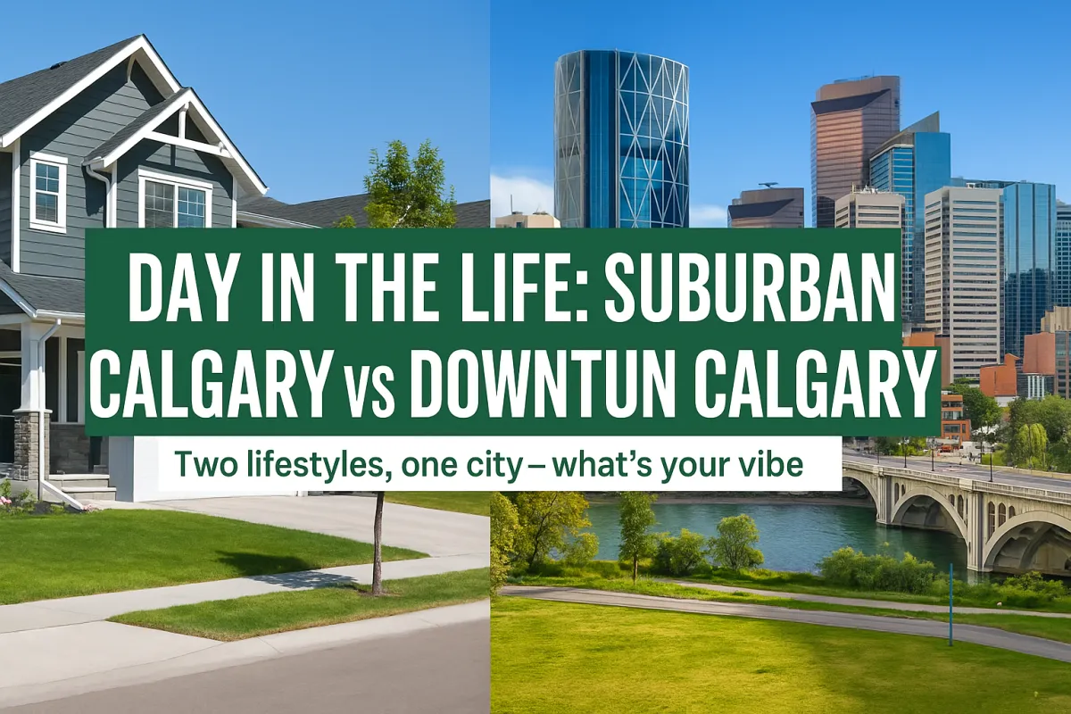 Split scene comparing the lifestyle of suburban Calgary living versus vibrant downtown Calgary