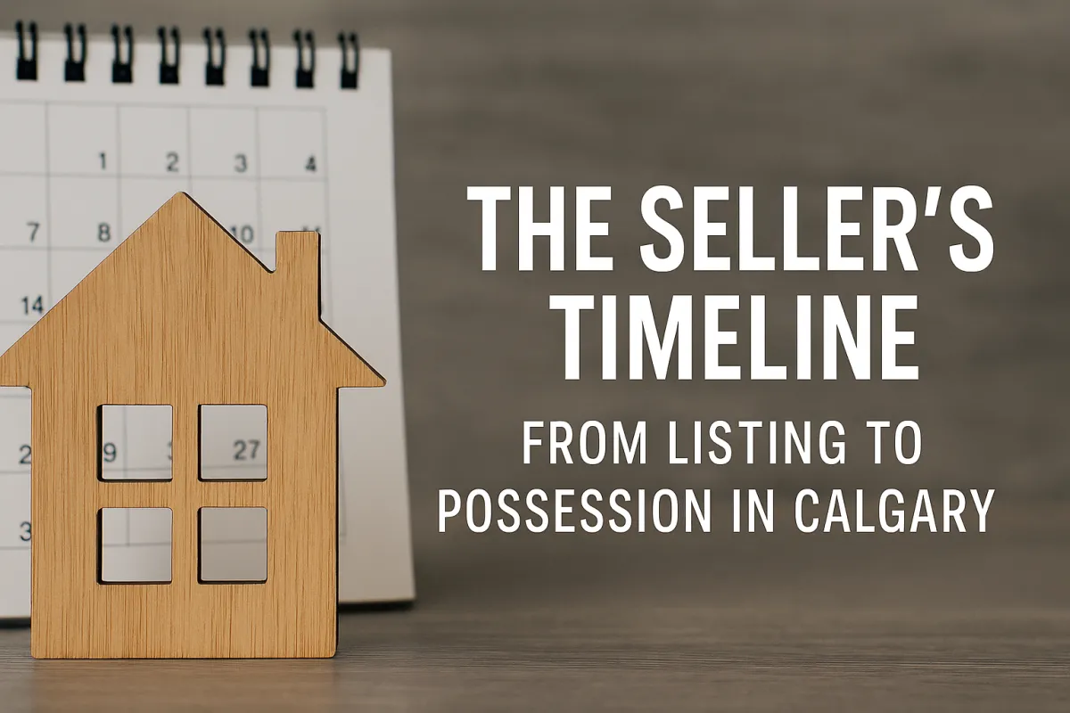 Calgary homeowner reviewing a real estate timeline with their agent from listing day to possession