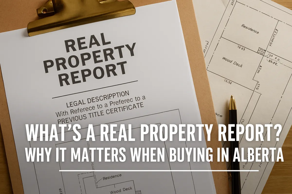 Alberta homebuyer reviewing a Real Property Report document during a real estate transaction