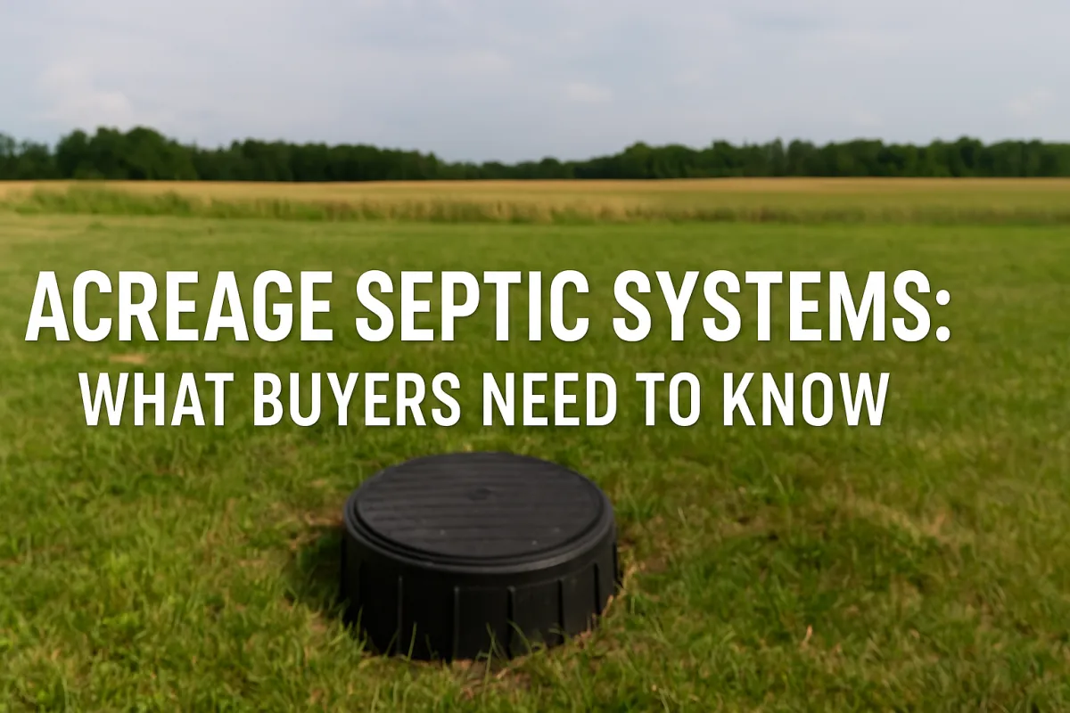 Alberta acreage buyer reviewing septic system details with a rural property inspector