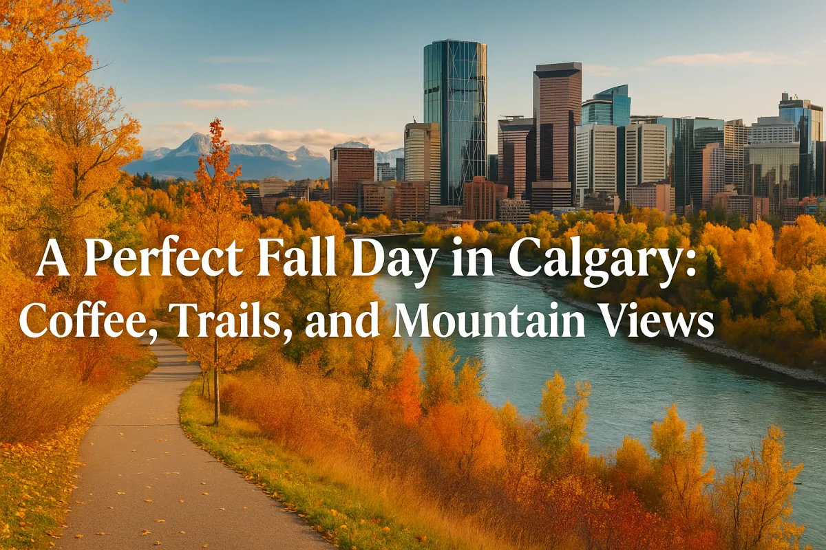 Person enjoying a scenic fall day in Calgary with autumn colours coffee and mountain views in the background