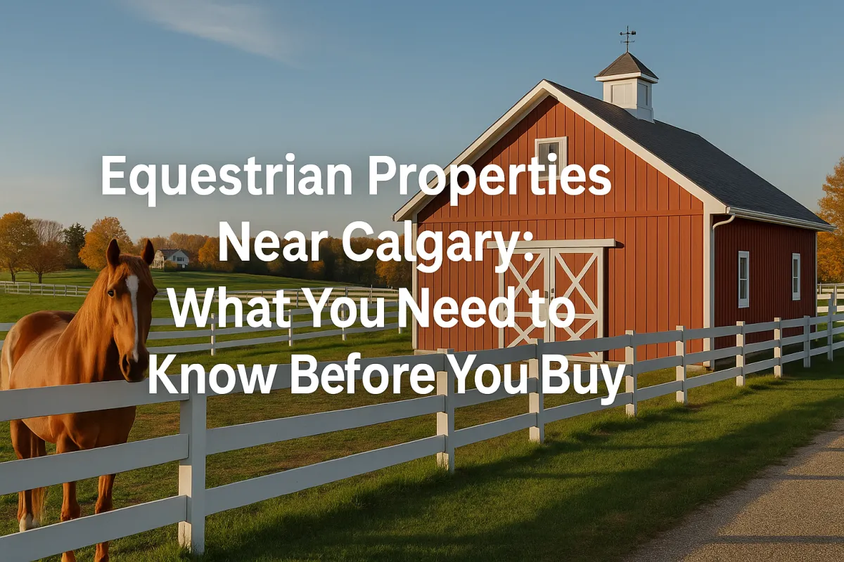Equestrian property near Calgary featuring horse facilities open pasture and rural Alberta landscape