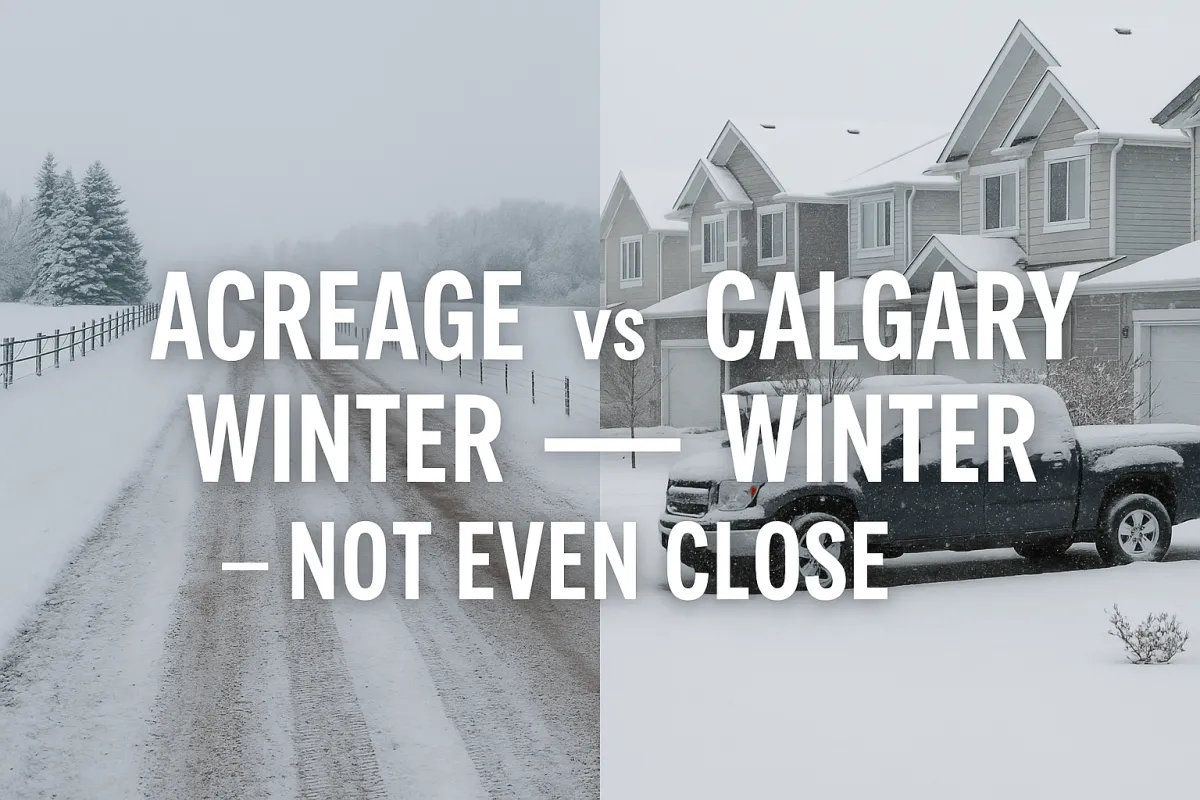 Side by side comparison of a snow covered Alberta acreage property and a Calgary neighbourhood in winter