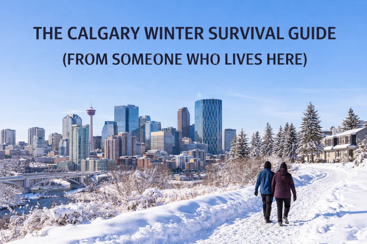 Calgary resident bundled up and navigating a snowy winter street with practical cold weather tips