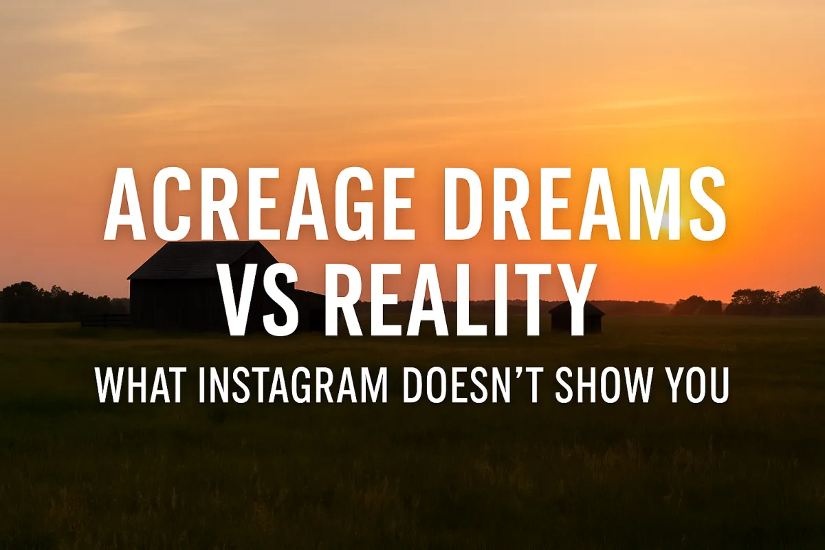 Alberta acreage property at golden hour contrasting the romanticized social media image with everyday rural reality