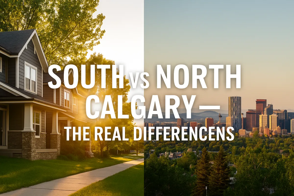 Split image comparing South Calgary and North Calgary neighbourhoods highlighting their distinct community characters