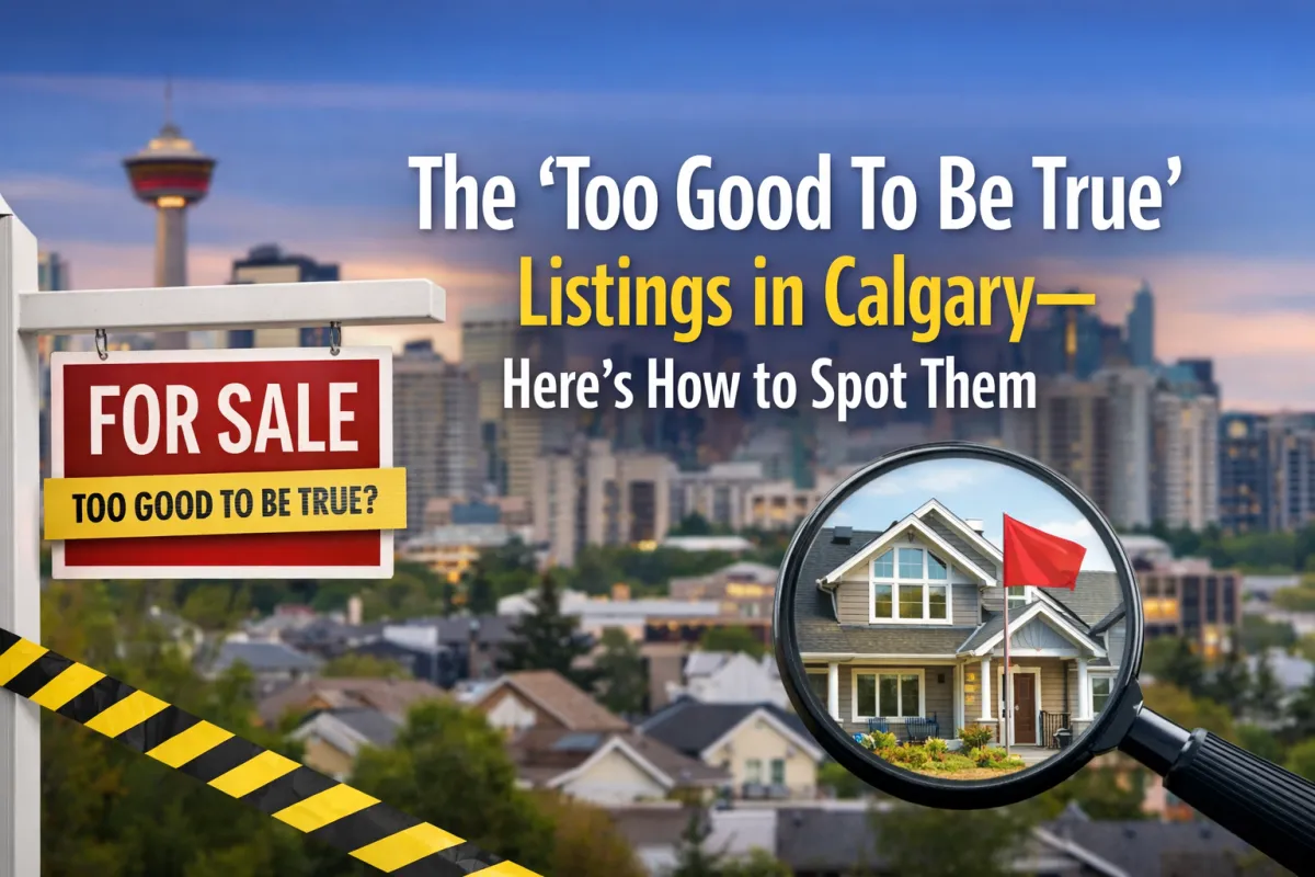 Calgary homebuyer reviewing a suspicious real estate listing online with a cautious and discerning eye