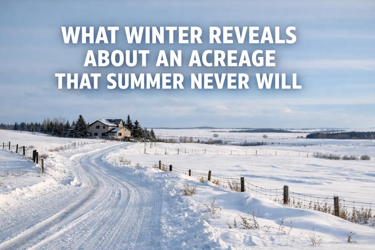 Snow covered Alberta acreage property in winter revealing important details hidden during warmer months