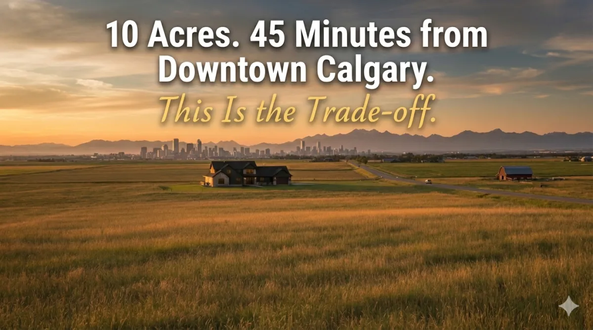 Alberta acreage property 45 minutes from Calgary showcasing the trade-off between rural space and city proximity