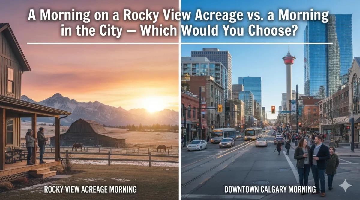 Split image comparing a peaceful Rocky View acreage morning with a busy Springbank Hill neighbourhood start to the day