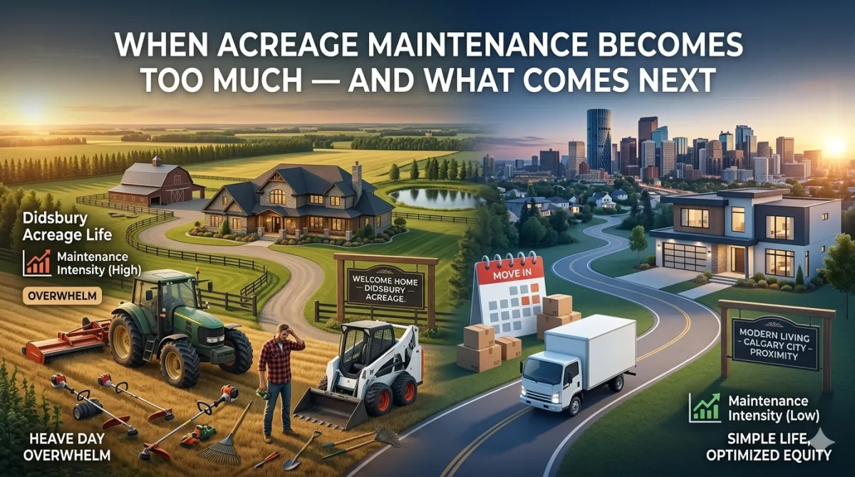 Alberta acreage owner assessing property upkeep challenges while considering the next chapter of their rural lifestyle