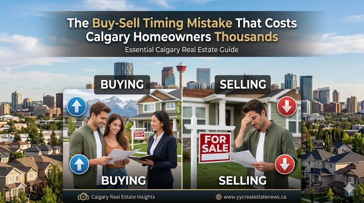 Calgary homeowner reviewing a real estate timeline with an agent to avoid a costly buy-sell timing mistake