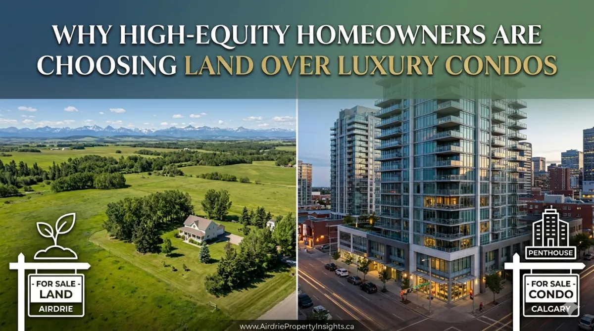 High equity Calgary homeowner comparing an acreage property and a luxury condo with a real estate agent