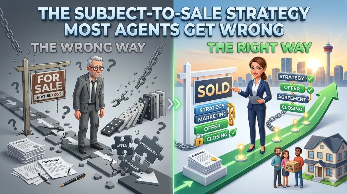 Calgary real estate agent explaining a subject to sale offer strategy to a homeowner navigating a buy sell transition