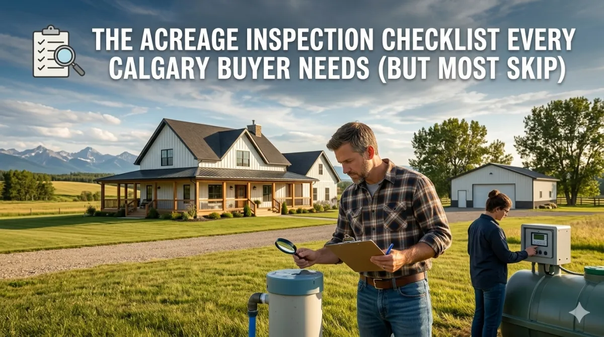 Alberta acreage buyer and home inspector reviewing a detailed rural property checklist during a pre-purchase inspection