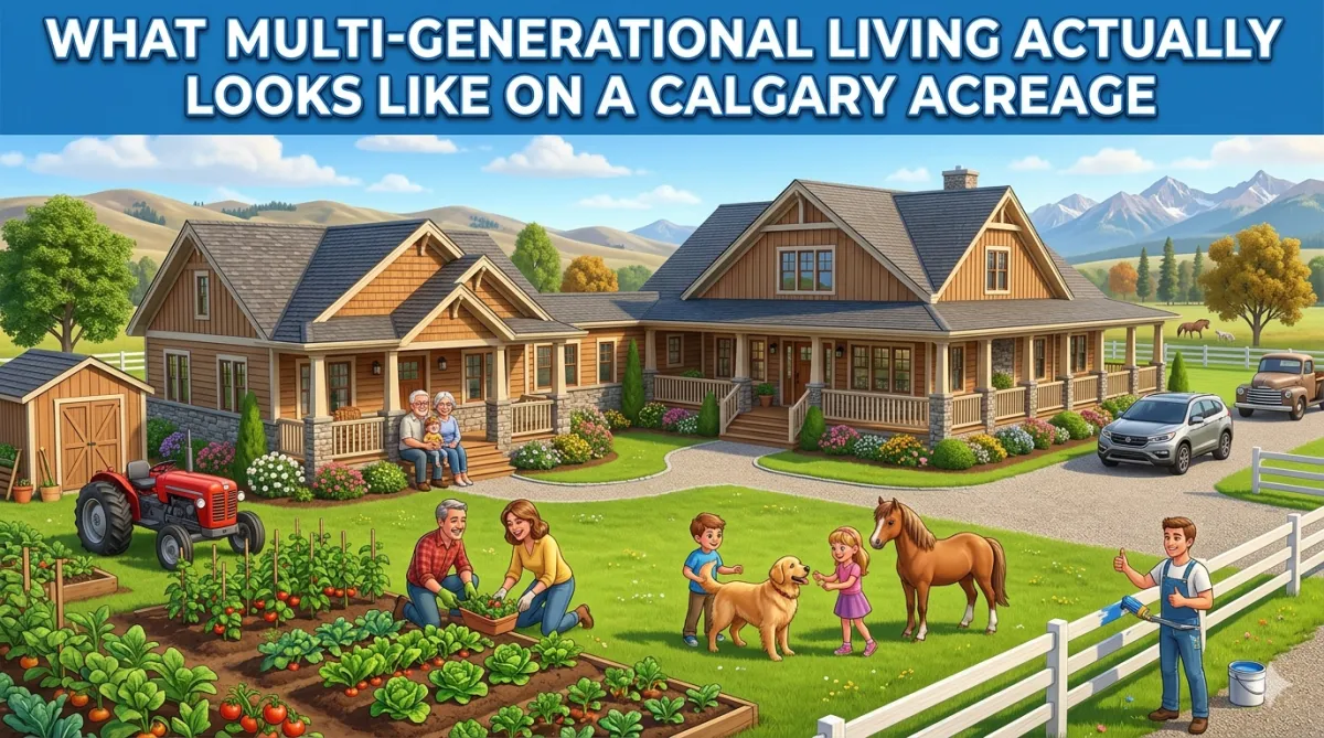 Multi-generational family enjoying shared outdoor space on a spacious Alberta acreage property near Calgary