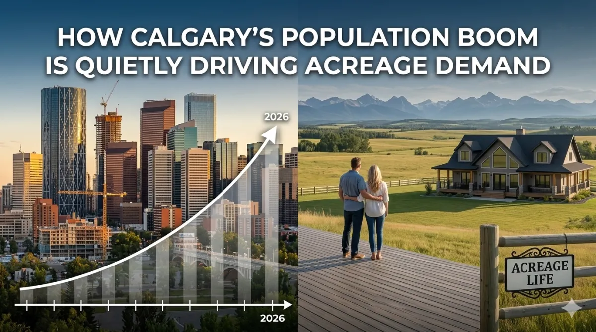 Aerial view of Calgary's expanding urban edge where population growth is driving demand for acreage properties nearby