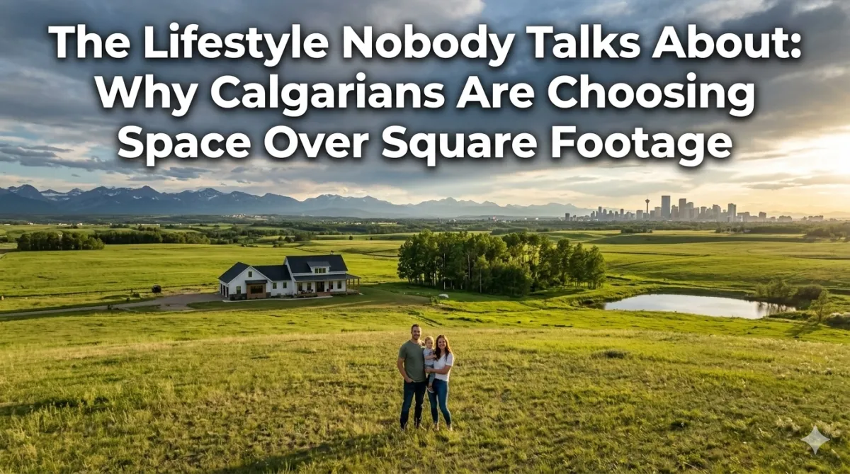 Calgary family enjoying wide open outdoor space on an Alberta acreage choosing land and lifestyle over urban square footage