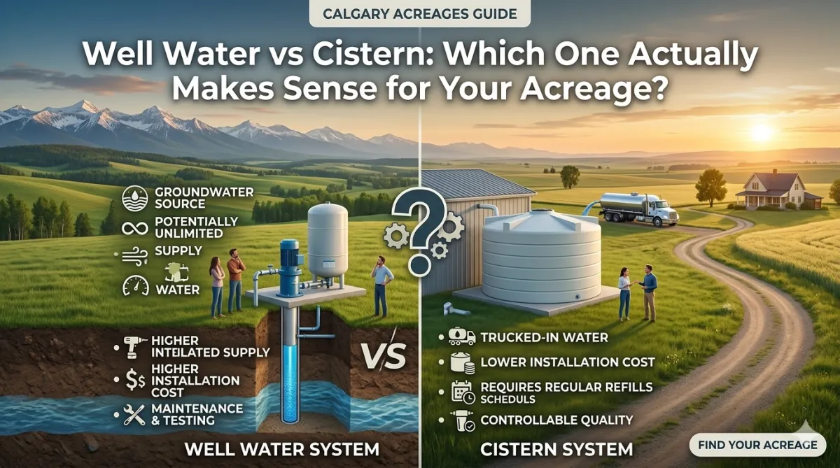 Alberta acreage property illustrating the practical differences between well water and cistern systems for rural buyers