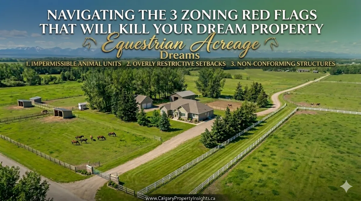 Alberta horse property buyer reviewing rural zoning regulations with an agent to avoid costly land use restrictions