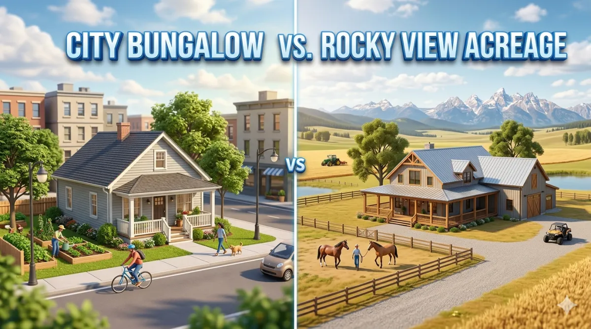 Side by side comparison of a Calgary city bungalow and a Rocky View acreage property highlighting the true cost differences