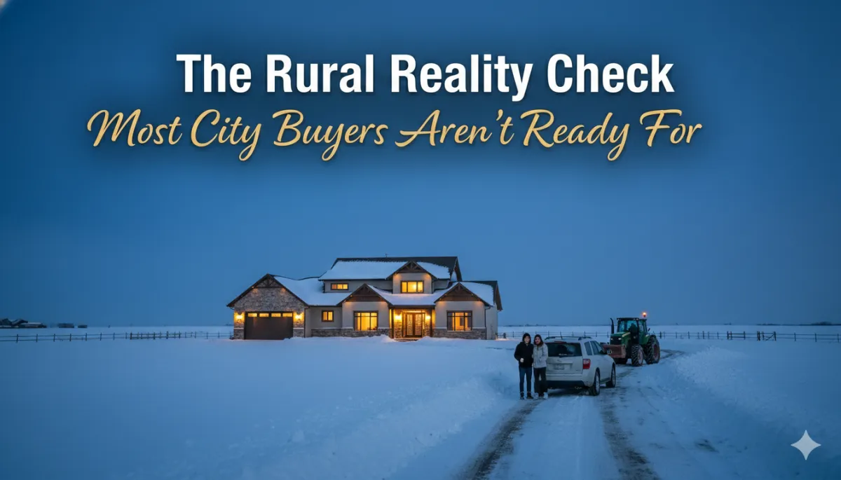 City buyer standing on an Alberta acreage property confronting the practical realities of rural living for the first time