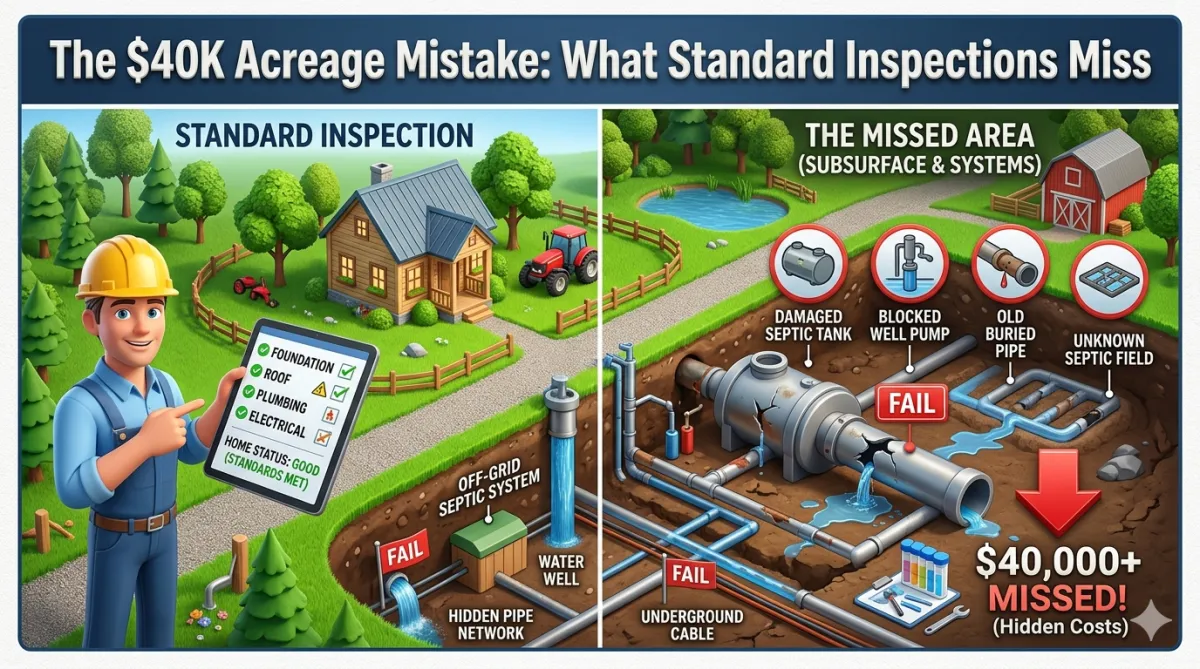 Alberta acreage buyer and inspector reviewing areas of a rural property commonly overlooked in a standard home inspection