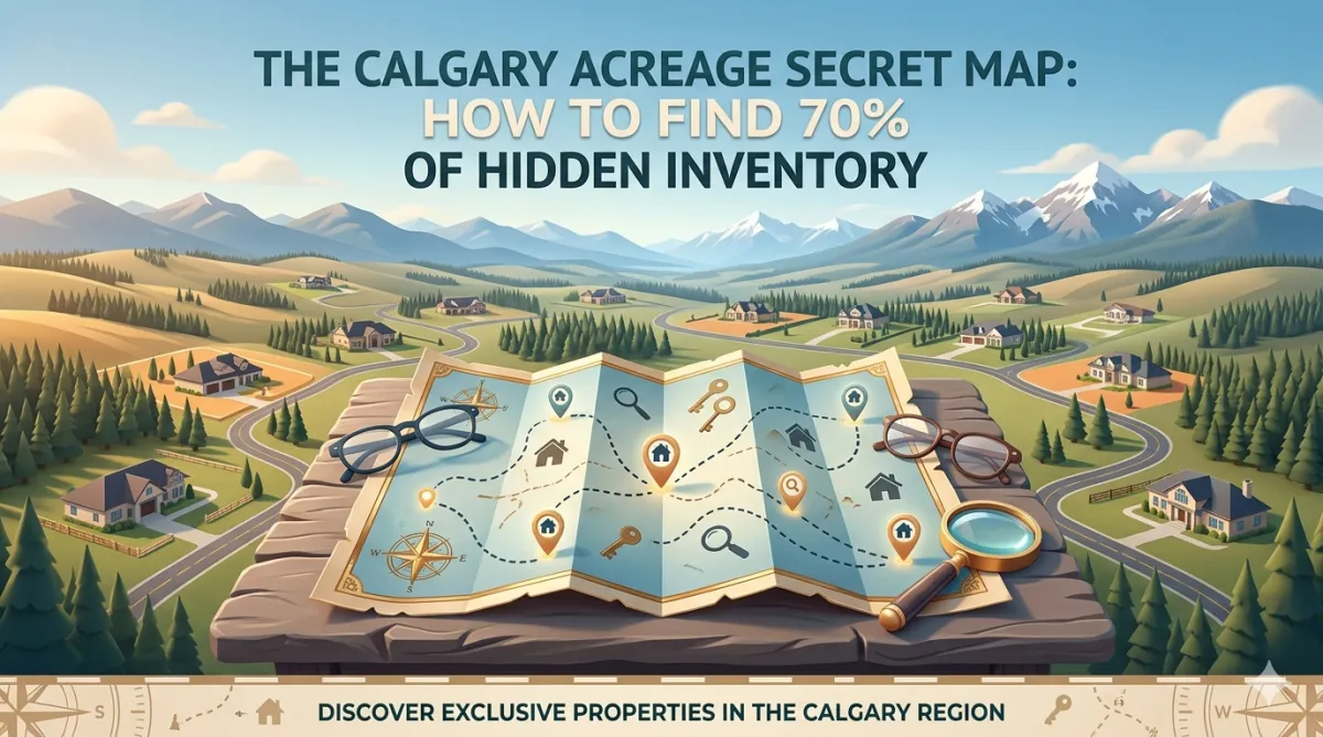 Calgary acreage buyer and real estate agent reviewing an off market rural property map to uncover hidden listing inventory