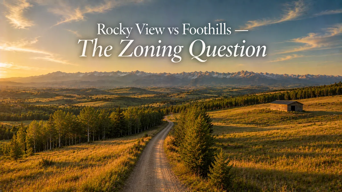 Alberta acreage landscape showing rural parcels near the Rocky View / Foothills County boundary with distant Rockies view.