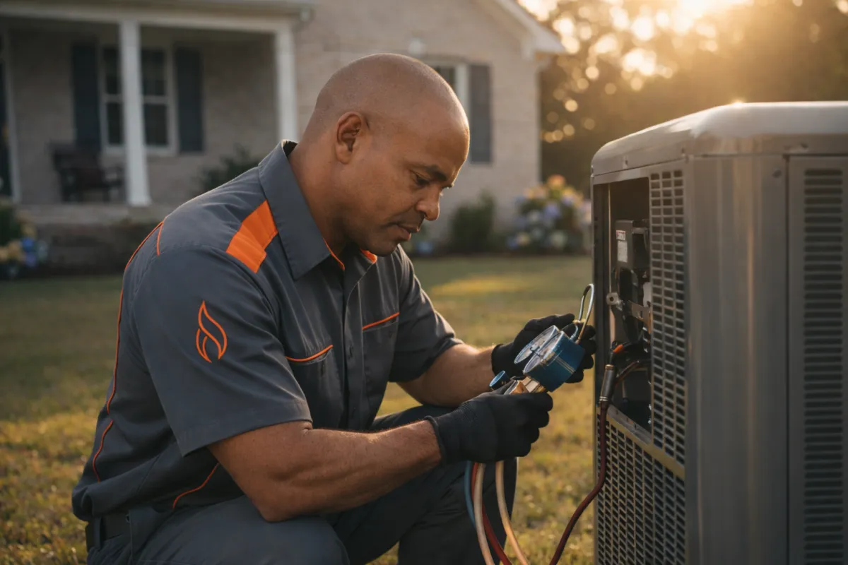 Technician servicing residential HVAC unit in Jackson MS