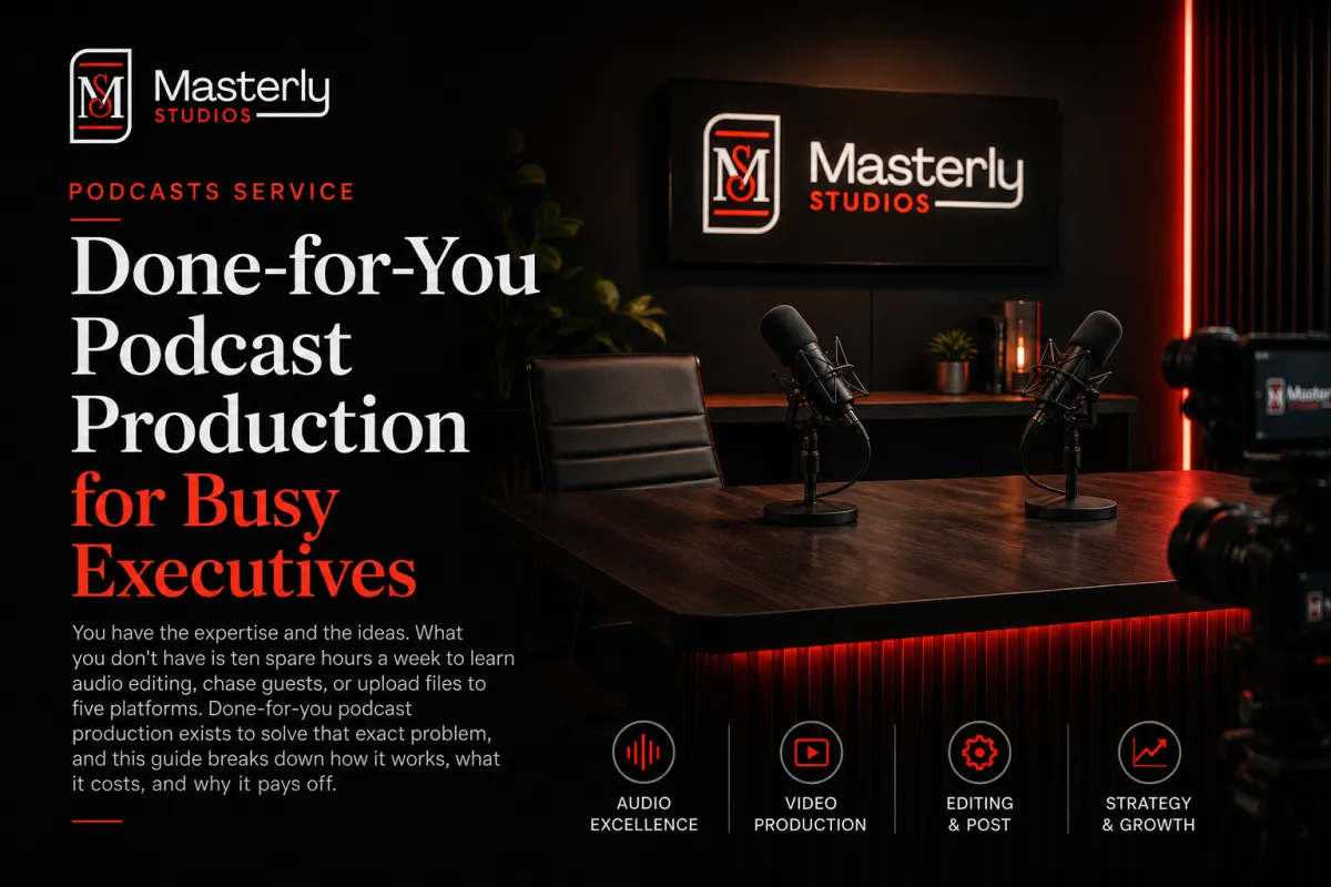 Done-for-You Podcast Production for Busy Executives at Masterly Studios with a professional podcast recording studio setup.