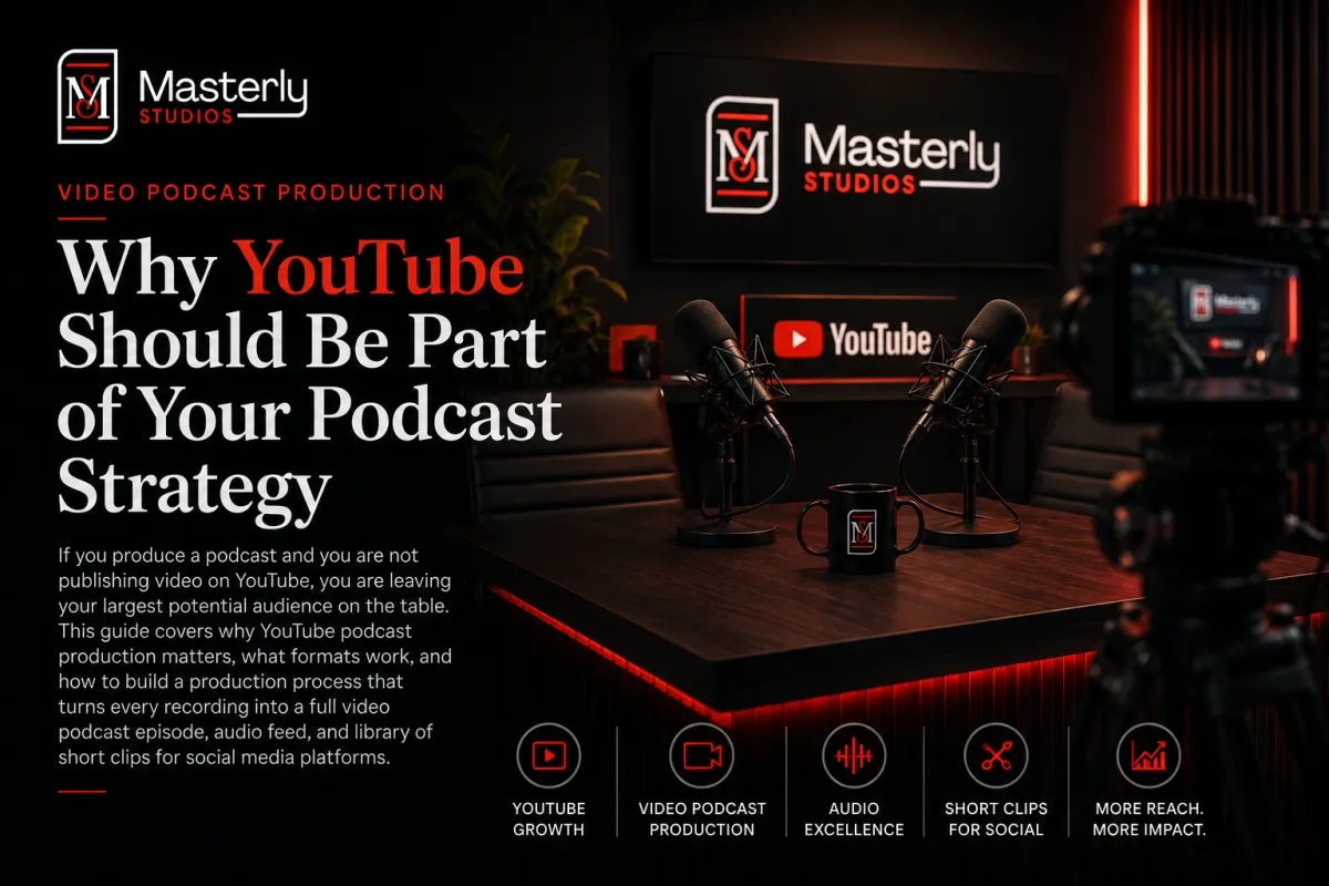 Video podcast production studio with professional recording equipment promoting why YouTube should be part of your podcast strategy by Masterly Studios.