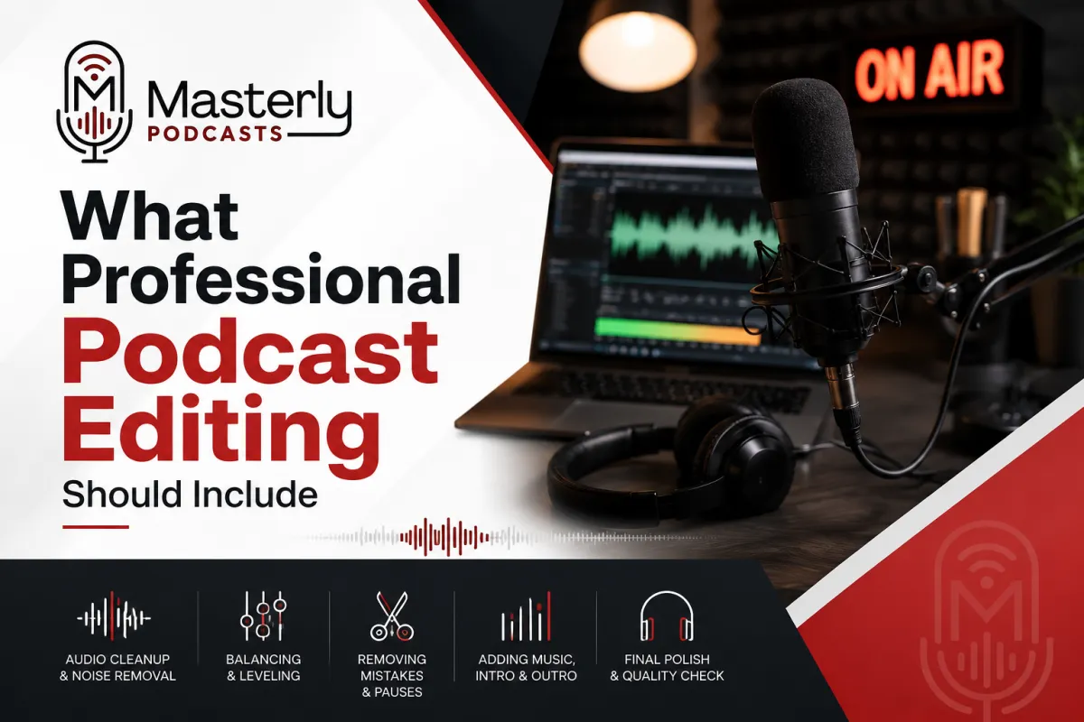 Masterly Podcasts article cover featuring a professional podcast recording studio with a large broadcast microphone, headphones, and audio editing software displayed on a laptop. The Masterly Podcasts logo appears in the upper left, alongside the title, "What Professional Podcast Editing Should Include." The design uses a modern black, white, and red color palette with waveform graphics and icons representing audio cleanup, balancing and leveling, removing mistakes and pauses, adding music and intros/outros, and final quality checks. The clean, professional layout highlights the importance of high-quality podcast production and editing for businesses, creators, and brands.