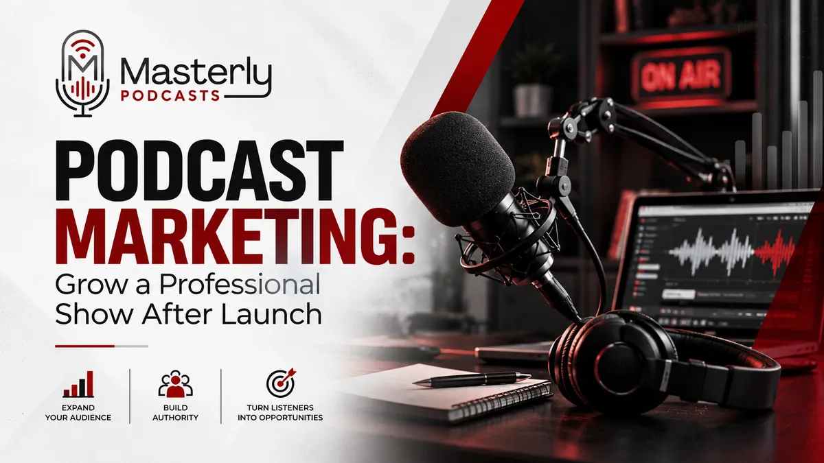 Masterly Podcasts cover featuring a black-and-red podcast studio with a professional microphone, headphones, laptop displaying audio waveforms, and an illuminated “On Air” sign. The title reads “Podcast Marketing: Grow a Professional Show After Launch,” highlighting audience growth, brand authority, and turning listeners into opportunities.