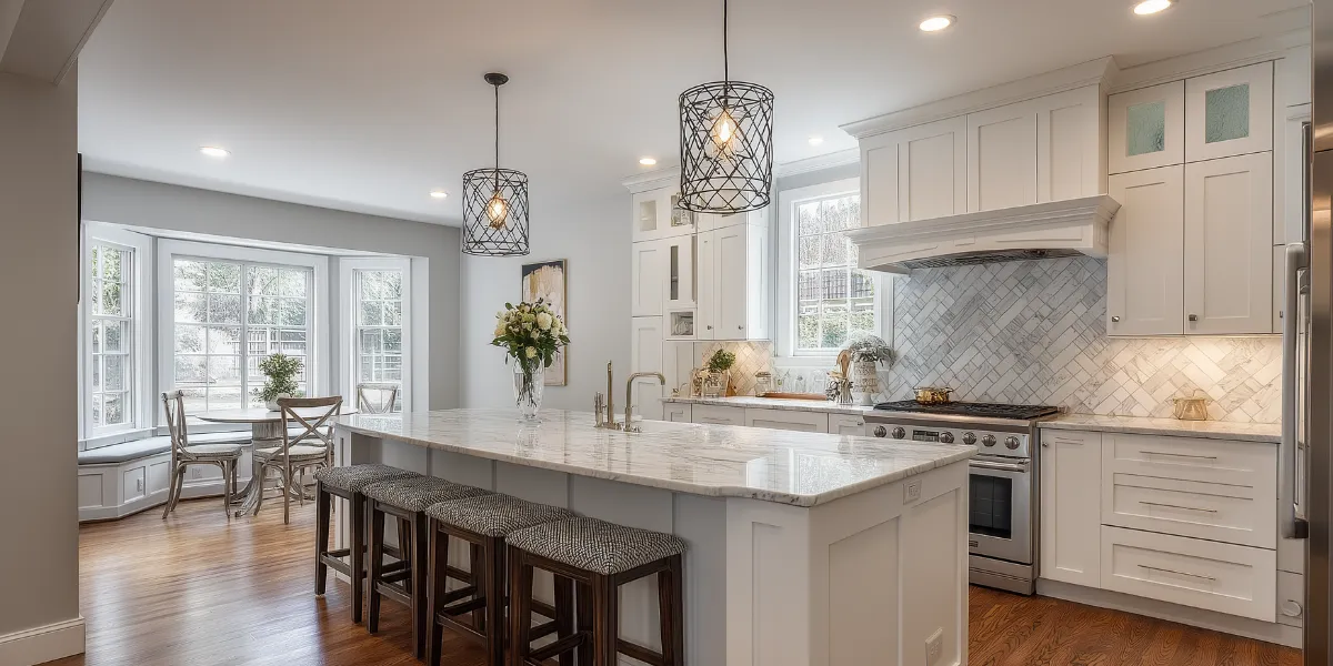 Modern kitchen remodel with white cabinets, granite countertops, and stainless steel appliances