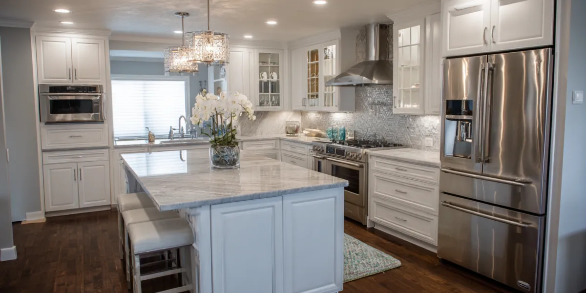 Custom kitchen renovation with new cabinetry, countertops, lighting, and open layout design