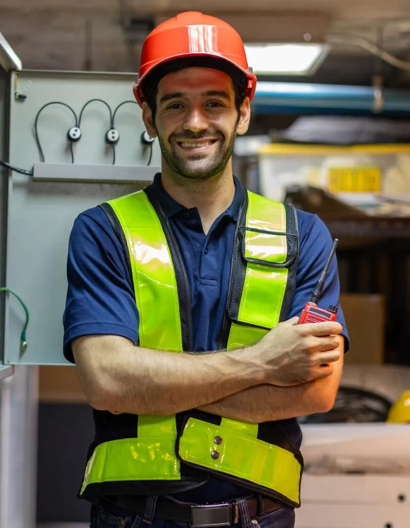 construction worker in safety vest holding tools at a job site