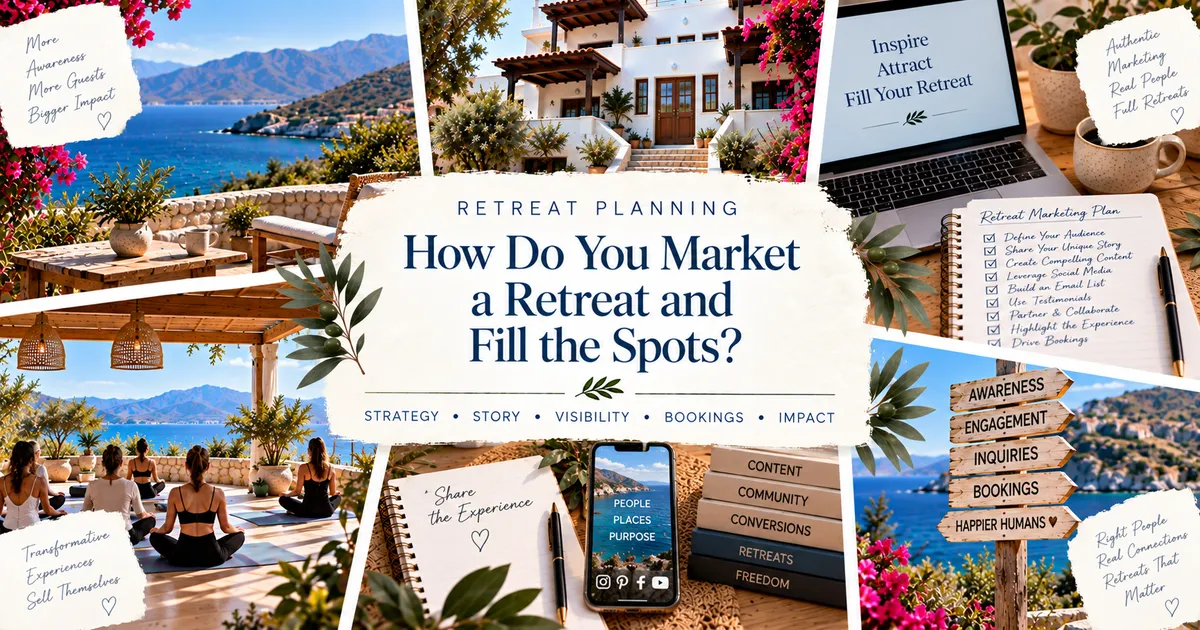 Cover image for “How Do You Market a Retreat and Fill the Spots?” featuring retreat marketing strategy, social media content, coastal scenery, a retreat property, group experiences, and booking-focused planning.