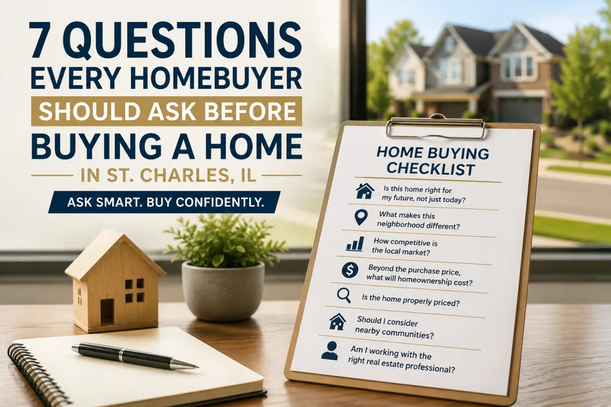 Homebuyer reviewing a modern home in St. Charles, IL with nearby communities including Geneva, Batavia, Elburn, South Elgin, Naperville, and Campton Hills