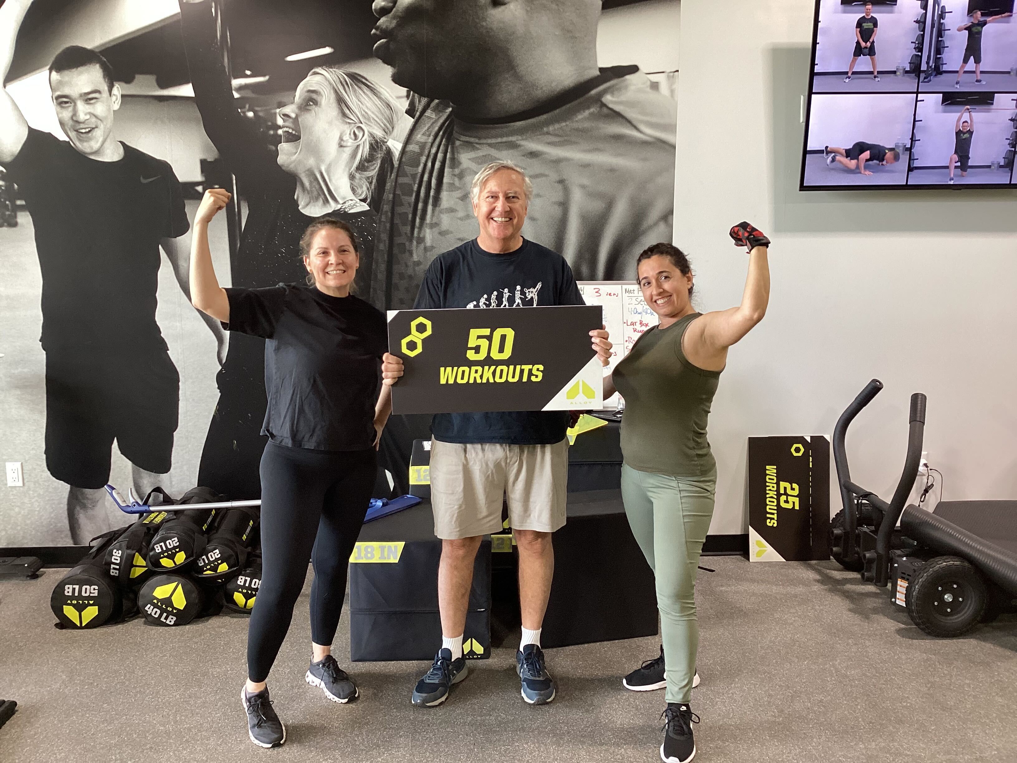 White American Male in his 60's and two South Pacific Asian Women in their 50's after 50 workouts at Alloy Personal Training East Pasadena